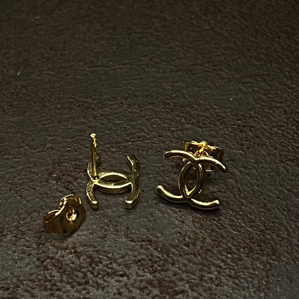 Channel Replica 21K Gold Plated Logo Stud Earrings